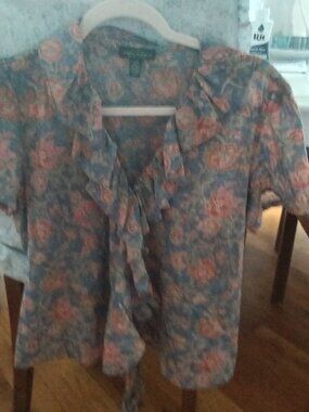 Ralph Lauren Blue  and peach floral ruffle wrap top L